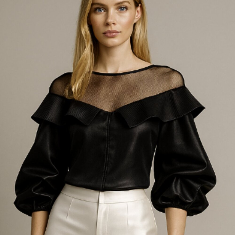 CQbyCQ Ruffle/Mesh Black Blouse -NEW! Never worn